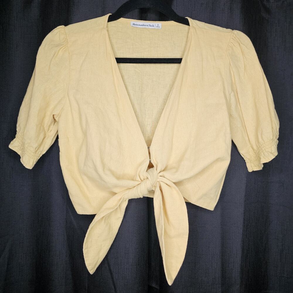 Abercrombie and Fitch Tie Front Shirt Linen Blend Crop Top Coastal Grandmother